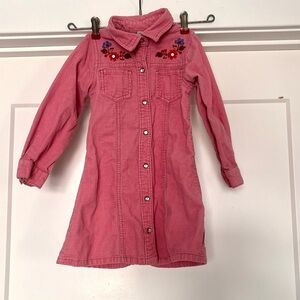 OshKosh Pink Corduroy Floral Embroidered Snap Front Long Sleeve Dress Girls Sz 4